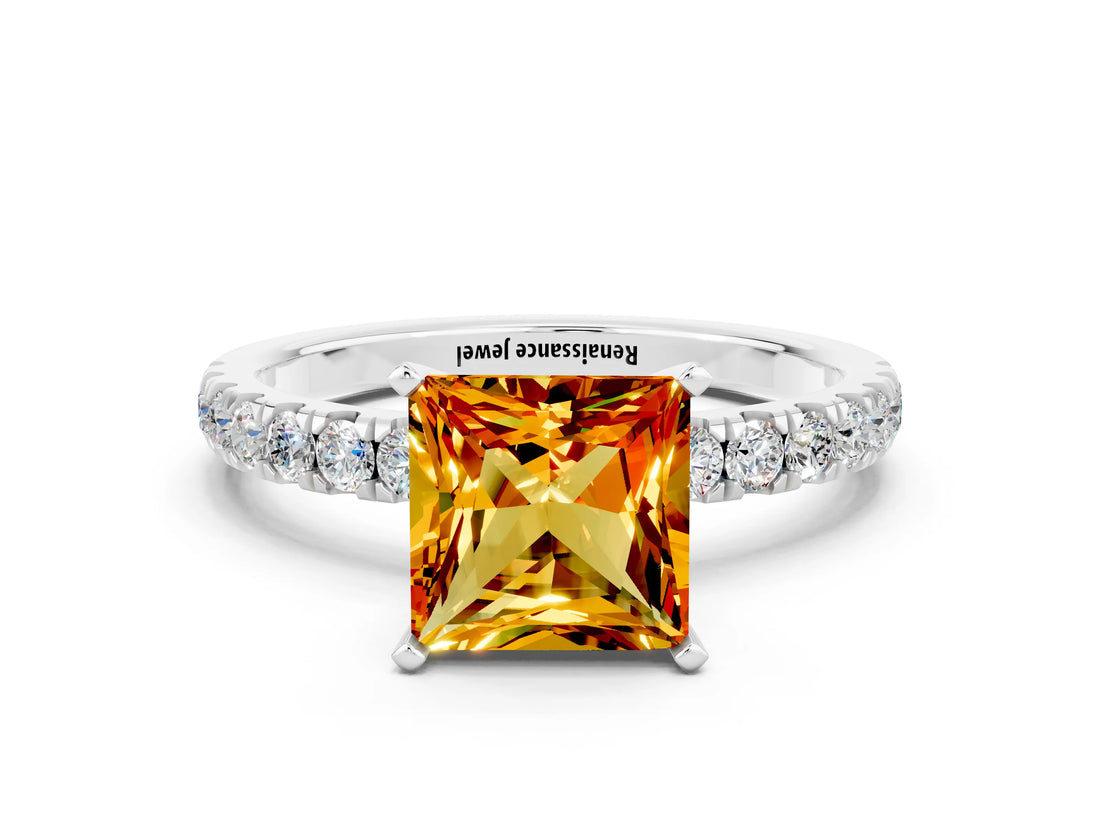 White gold Princess Cut Citrine Solitaire Ring with Pavé Accents and Four-Prong Setting