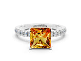 White gold Princess Cut Citrine Solitaire Ring with Pavé Accents and Four-Prong Setting