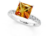 White gold Princess Cut Citrine Solitaire Ring with Pavé Accents and Four-Prong Setting_1