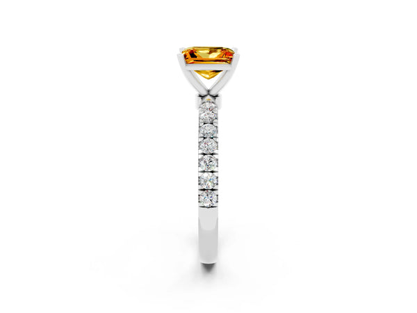 Silver Princess Cut Citrine Solitaire Ring with Pavé Accents and Four-Prong Setting