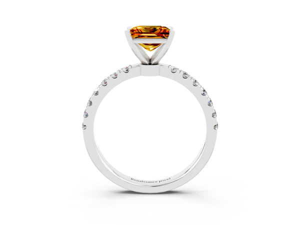 Platinum Princess Cut Citrine Solitaire Ring with Pavé Accents and Four-Prong Setting