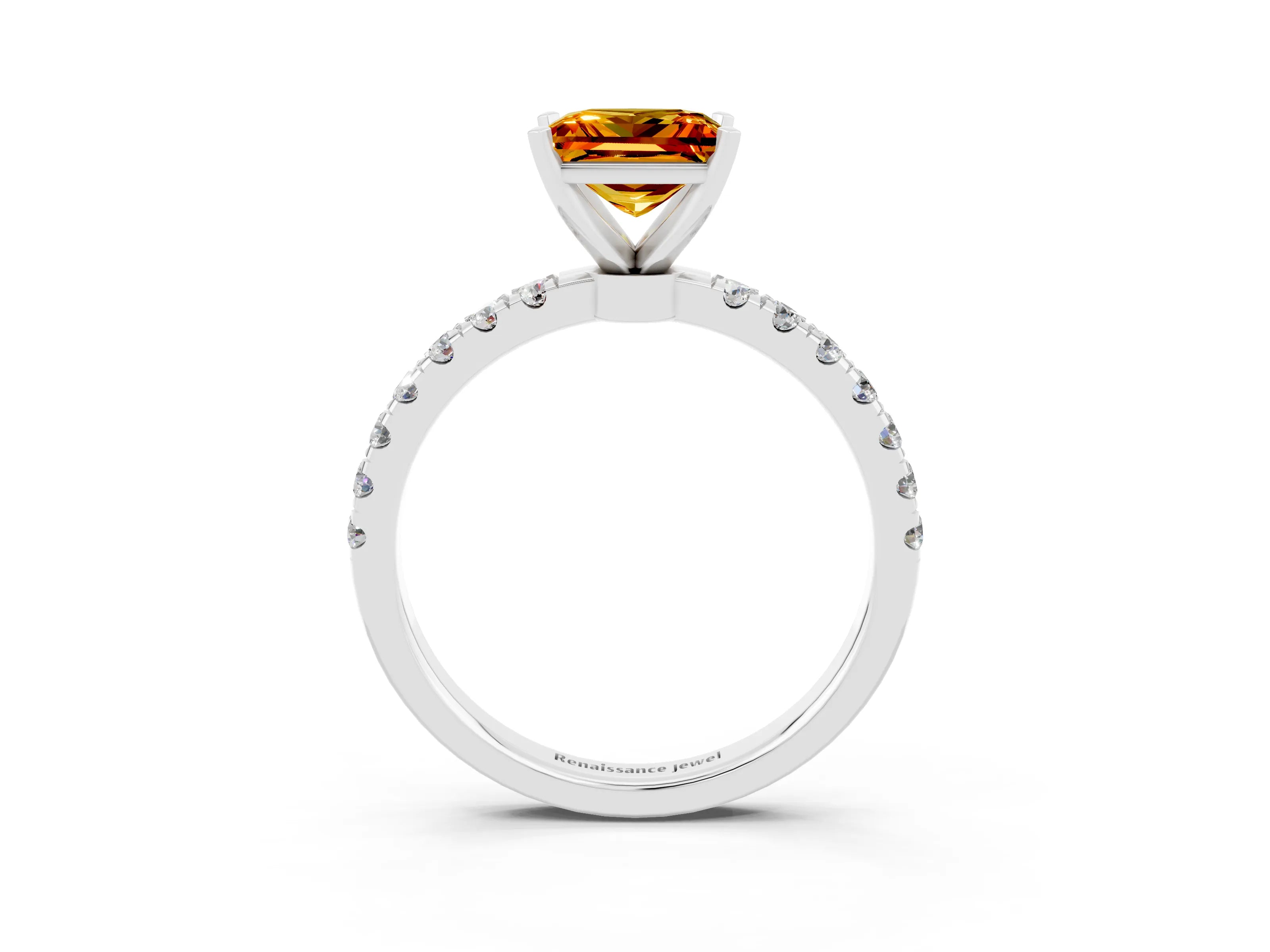 White gold Princess Cut Citrine Solitaire Ring with Pavé Accents and Four-Prong Setting_3