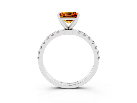 White gold Princess Cut Citrine Solitaire Ring with Pavé Accents and Four-Prong Setting_3