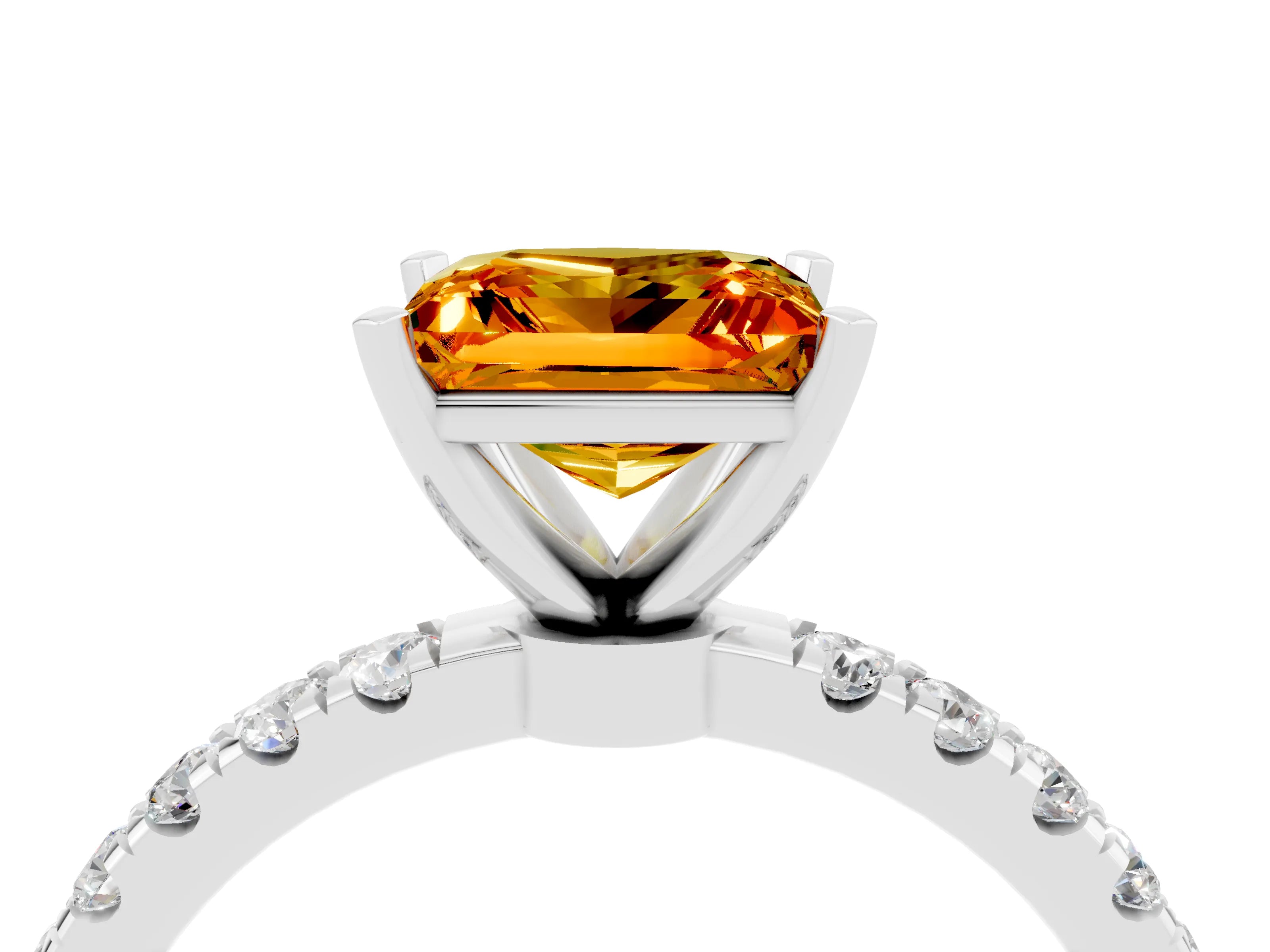 White gold Princess Cut Citrine Solitaire Ring with Pavé Accents and Four-Prong Setting_4