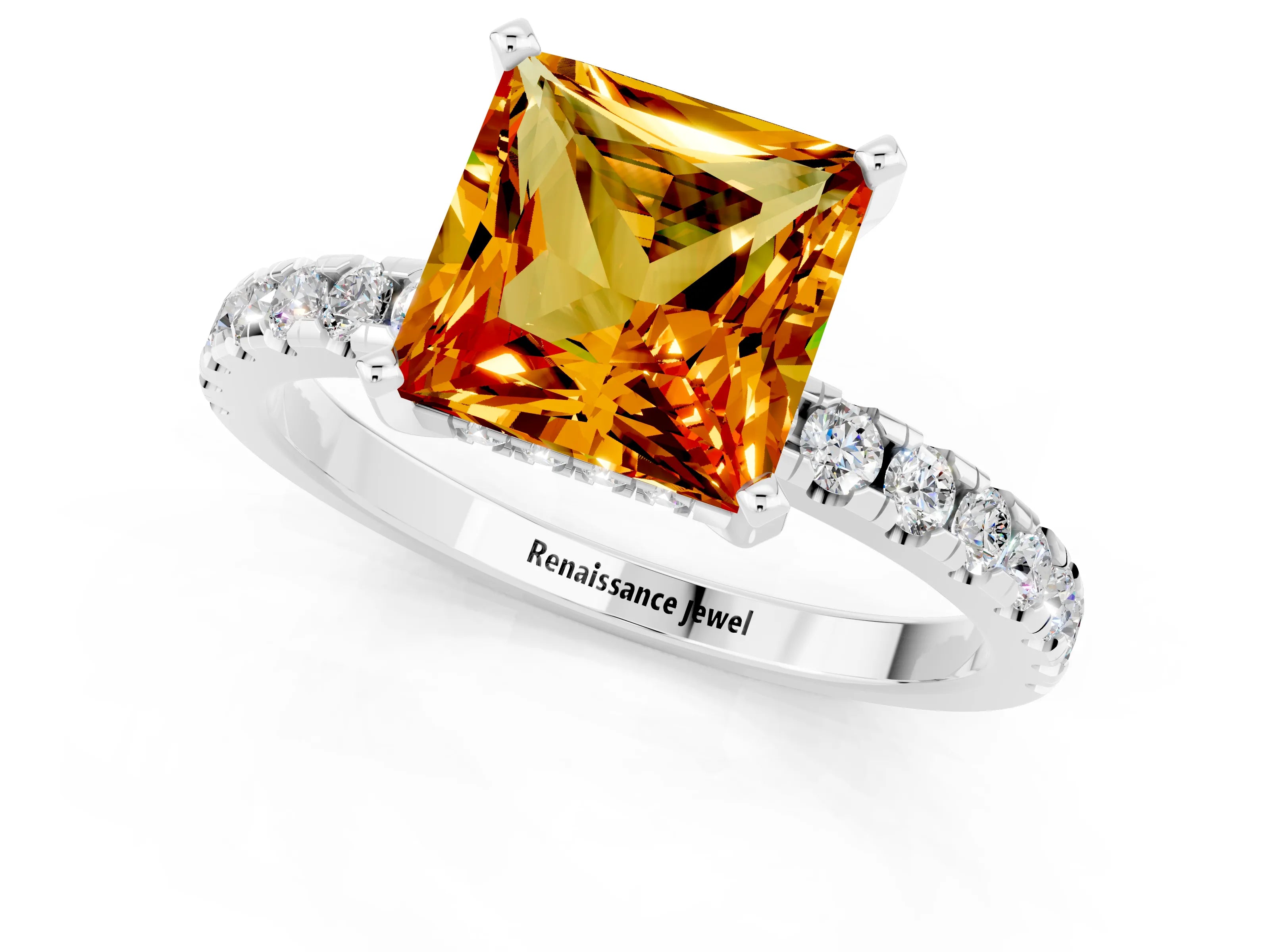 White gold Princess Cut Citrine Solitaire Ring with Pavé Band and Four-Prong Setting_25