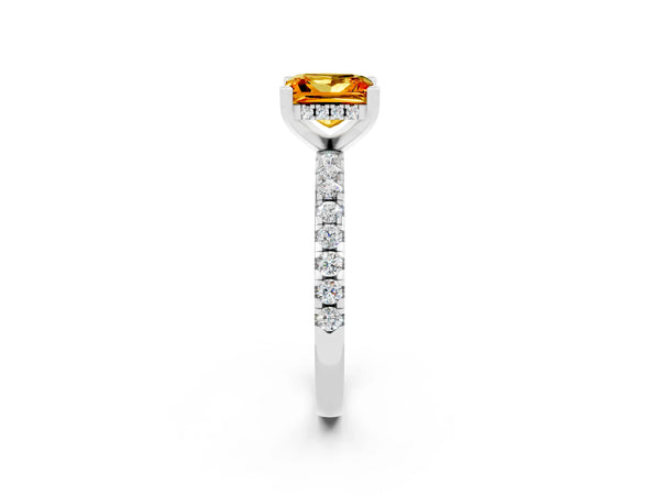 Silver Princess Cut Citrine Solitaire Ring with Round  Pavé Band and Four-Prong Setting