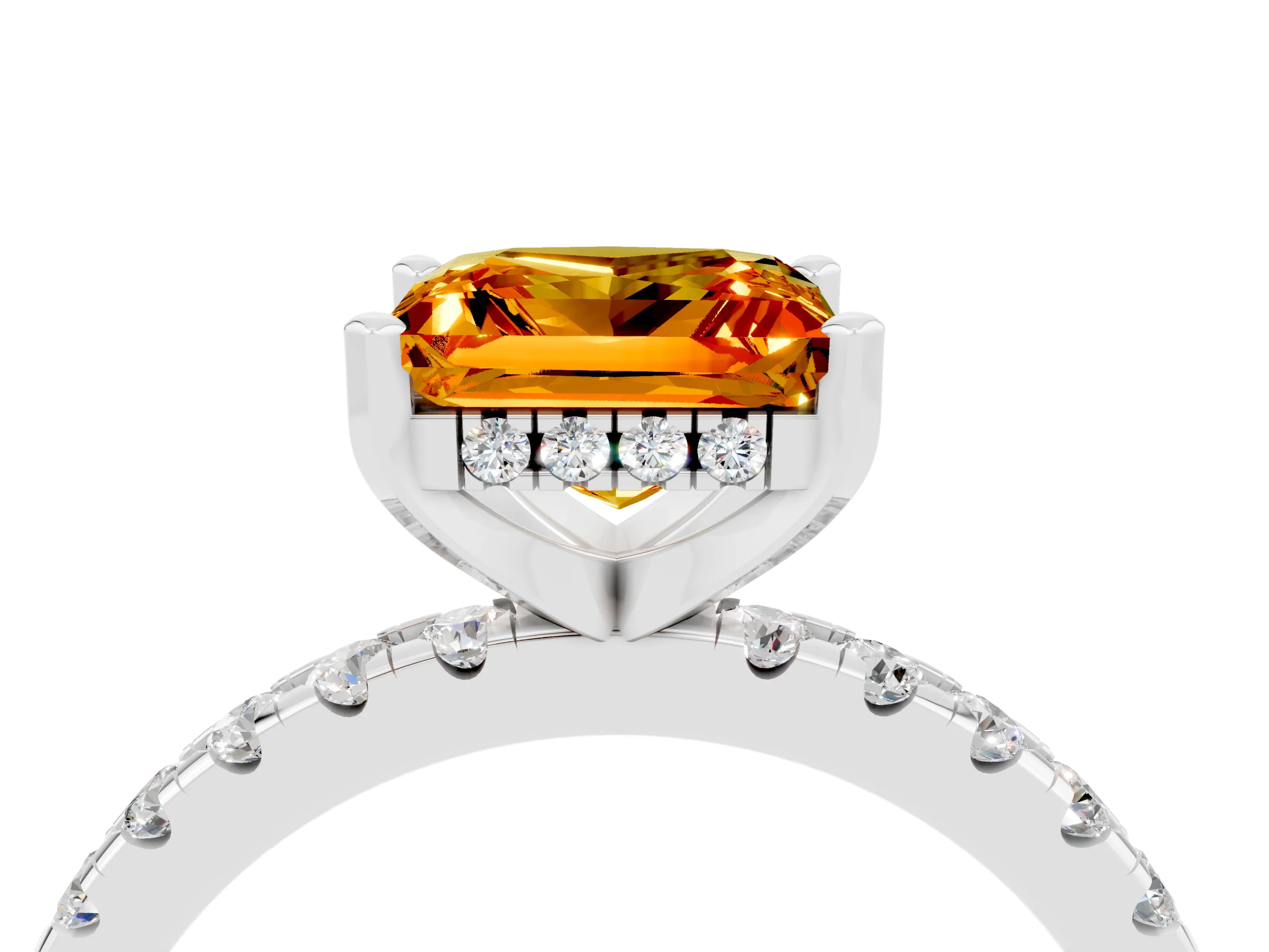 White gold Princess Cut Citrine Solitaire Ring with Pavé Band and Four-Prong Setting_28