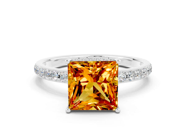 Platinum Princess Cut Citrine Solitaire Ring with Pavé Band and Hidden Halo