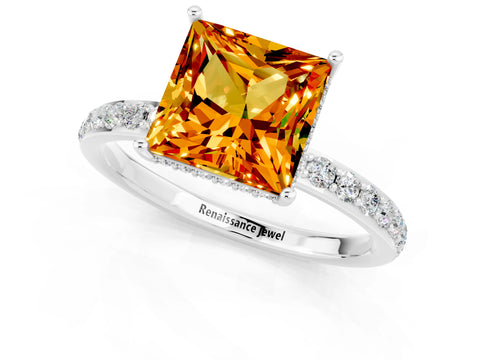 White gold Princess Cut Citrine Solitaire Ring with Pavé Band and Hidden Halo_1