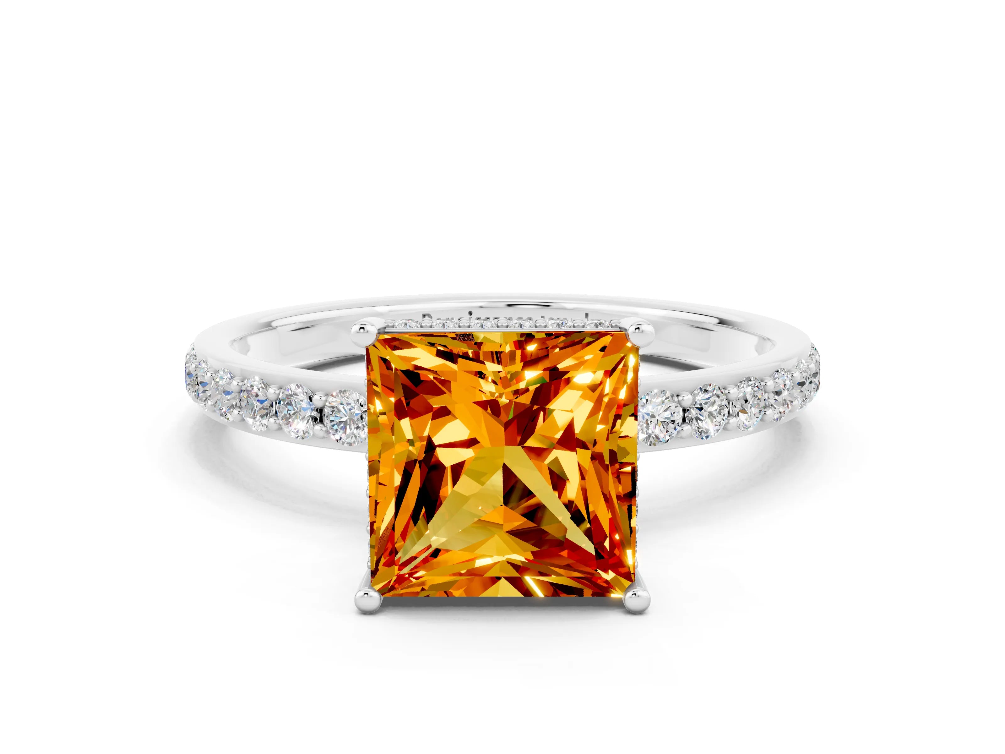 White gold Princess Cut Citrine Solitaire Ring with Pavé Band and Hidden Halo_24