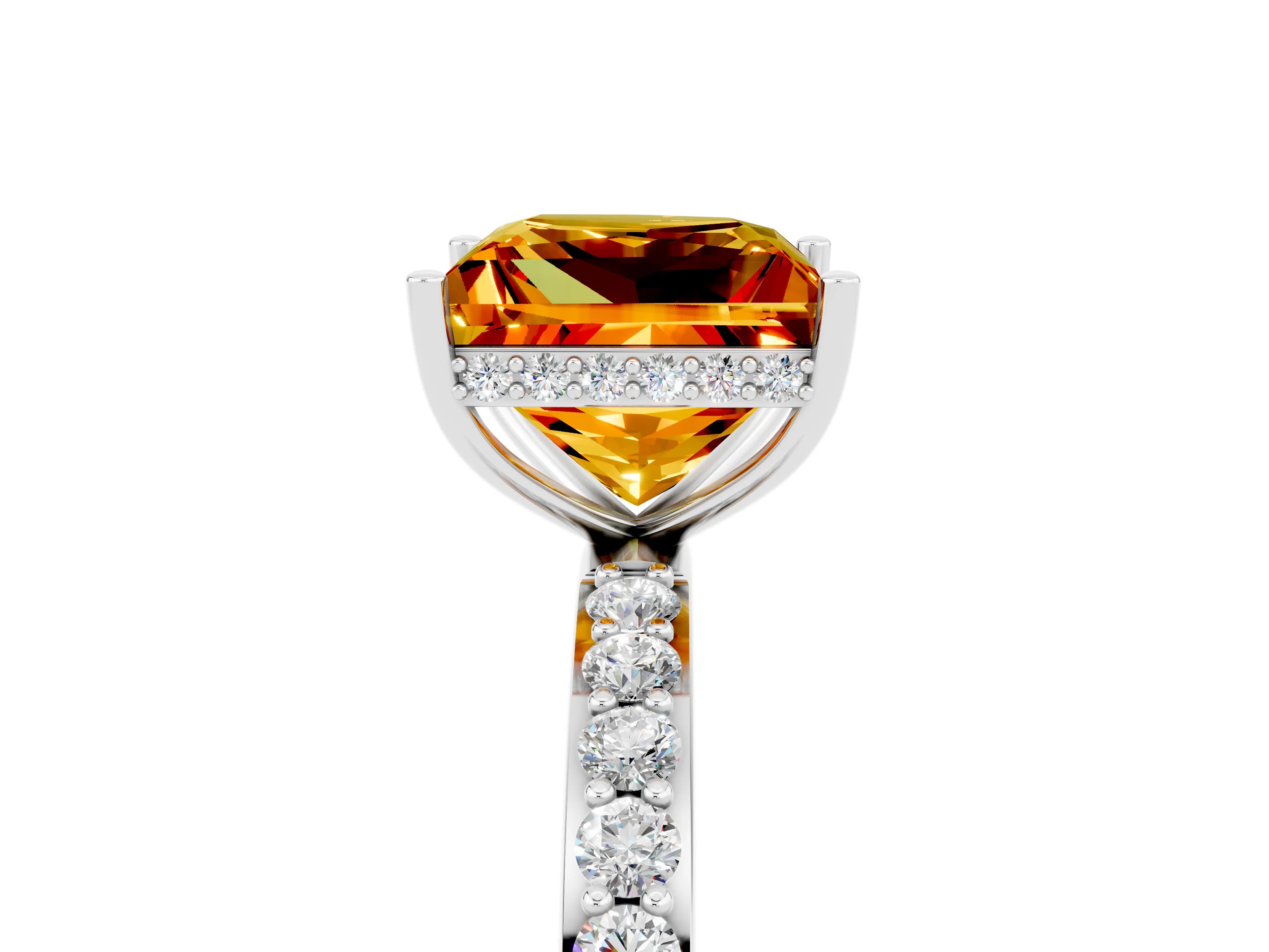 White gold Princess Cut Citrine Solitaire Ring with Pavé Band and Hidden Halo_29
