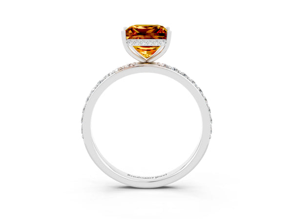 Silver Princess Cut Citrine Solitaire Ring with Pavé Band and Hidden Halo