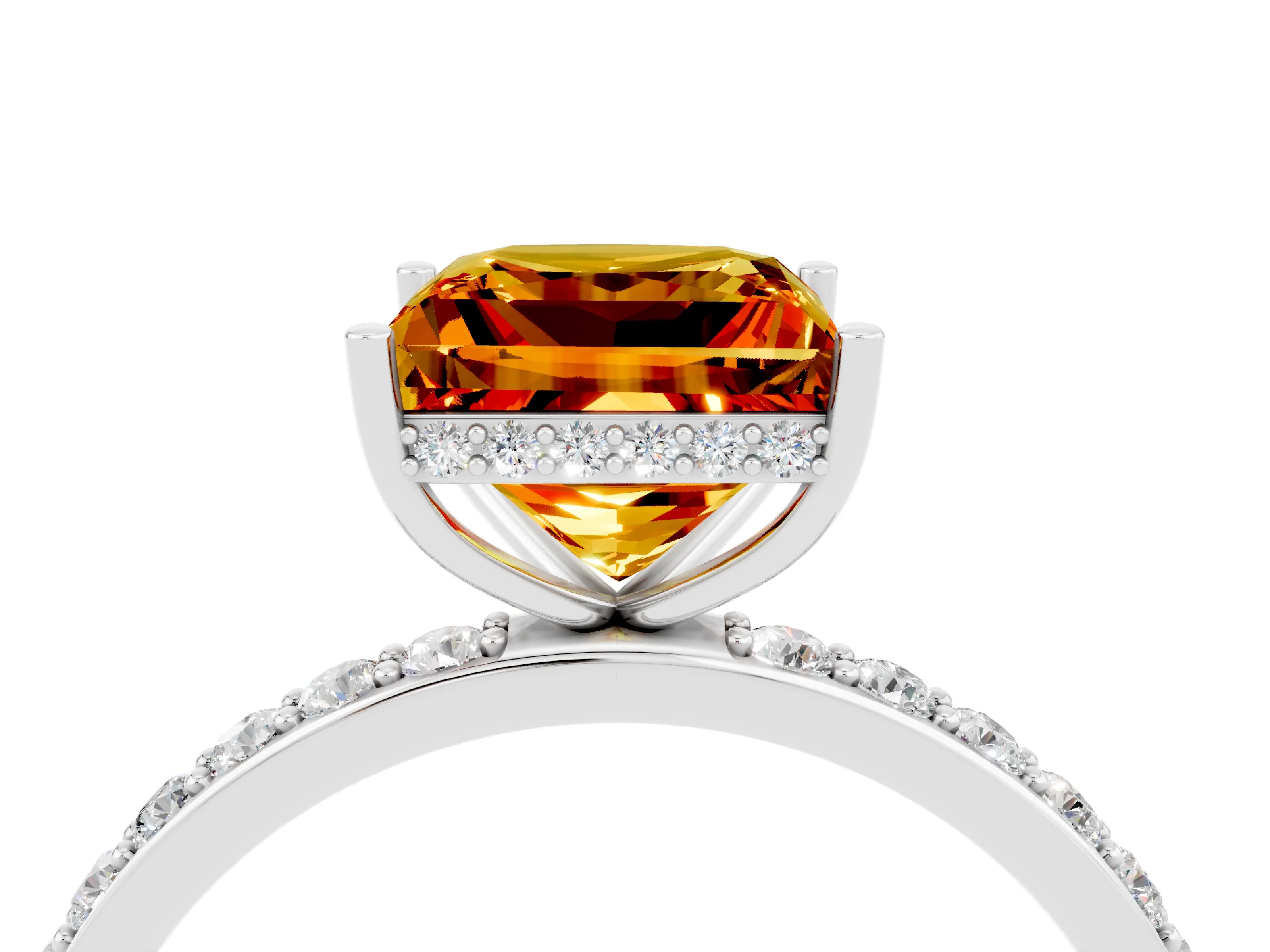 White gold Princess Cut Citrine Solitaire Ring with Pavé Band and Hidden Halo_4