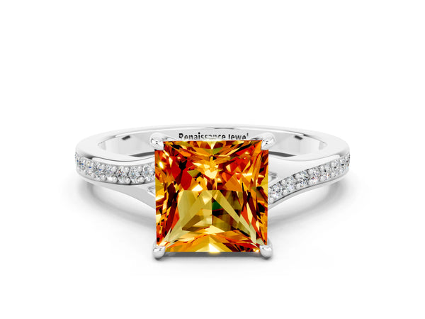 Platinum Princess Cut Citrine Solitaire Ring with Pavé Band and Prong Setting