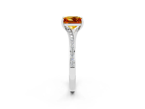 White gold Princess Cut Citrine Solitaire Ring with Pavé Band and Prong Setting