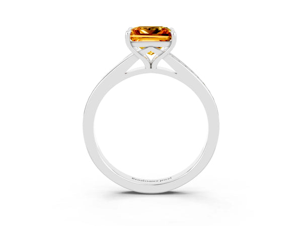 Platinum Princess Cut Citrine Solitaire Ring with Pavé Band and Prong Setting