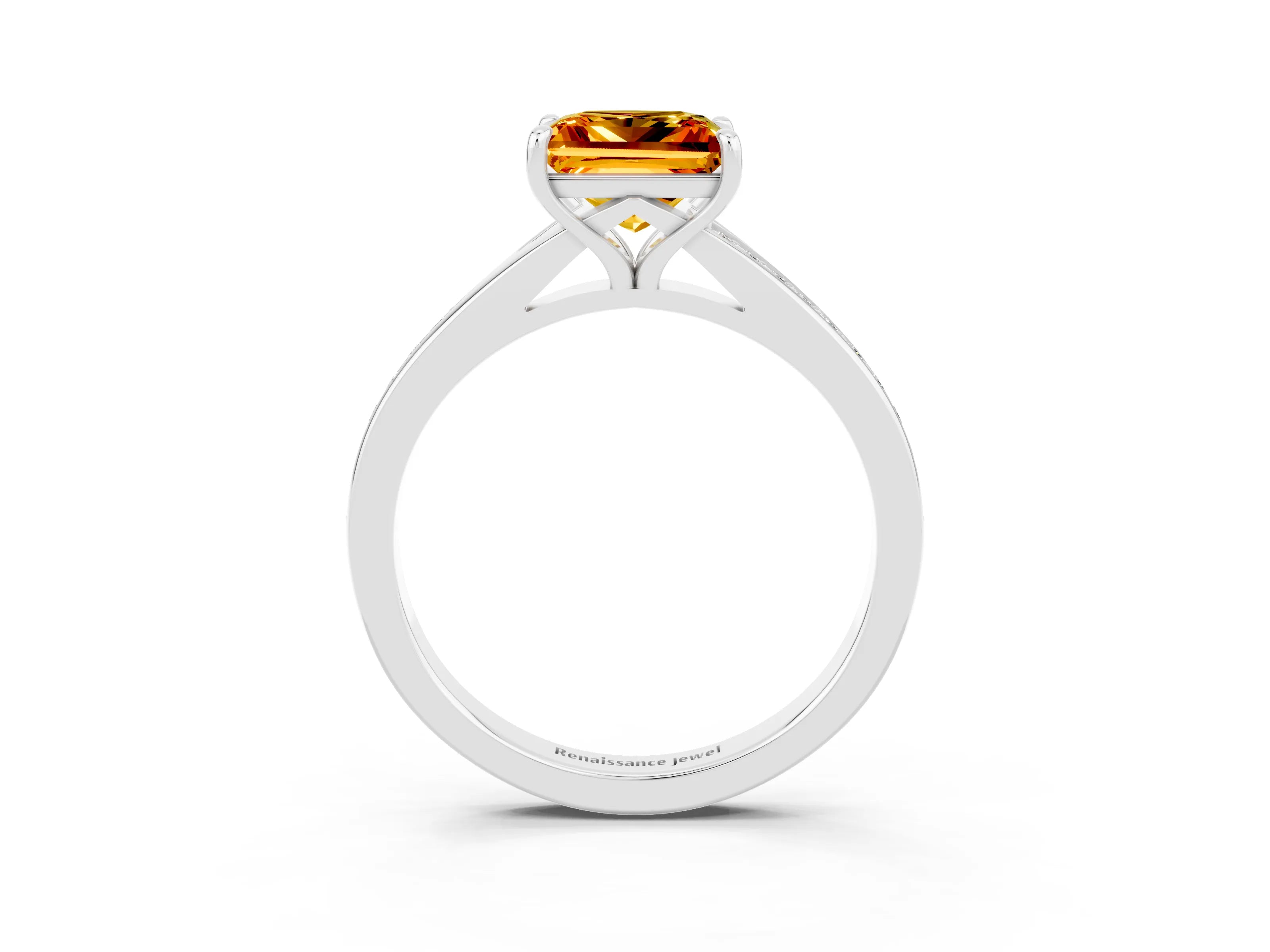 White gold Princess Cut Citrine Solitaire Ring with Pavé Band and Prong Setting_3