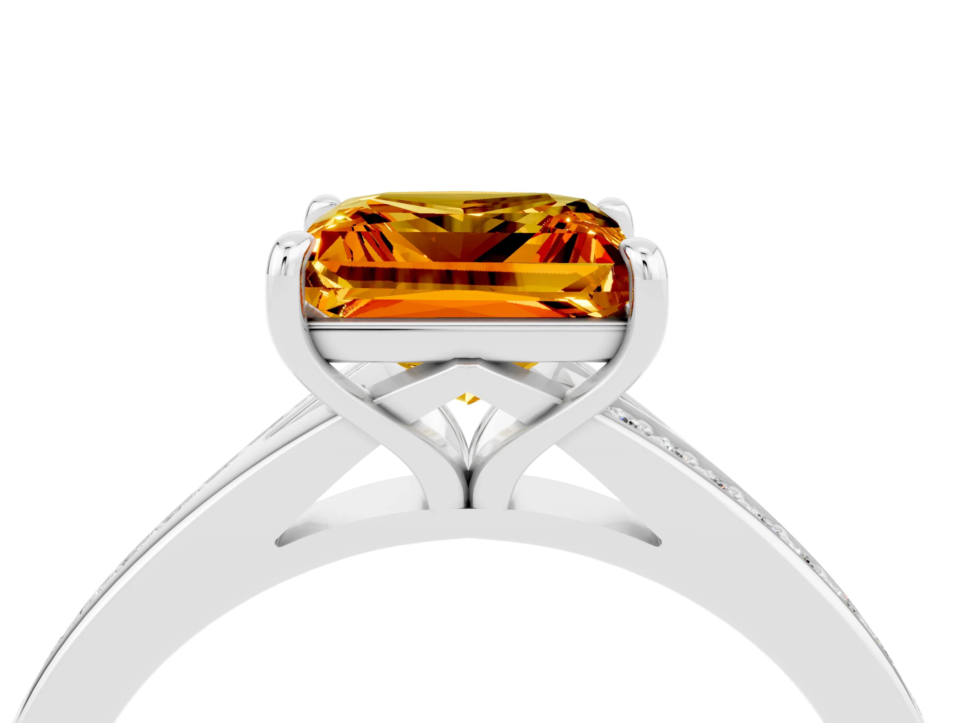 White gold Princess Cut Citrine Solitaire Ring with Pavé Band and Prong Setting_4