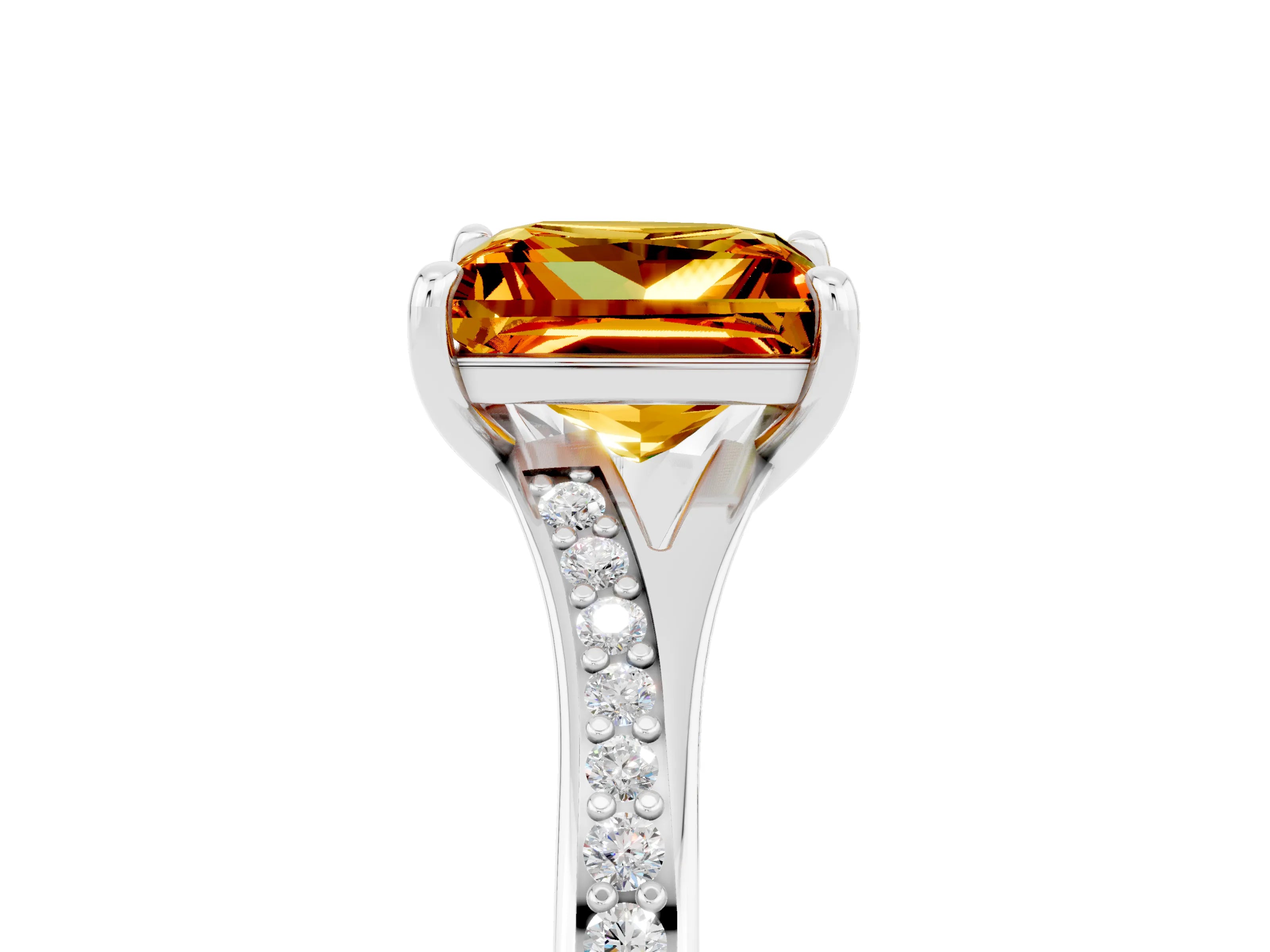 White gold Princess Cut Citrine Solitaire Ring with Pavé Band and Prong Setting_5