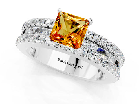 White gold Princess Cut Citrine Solitaire Ring with Pavé and Channel Set Band_1