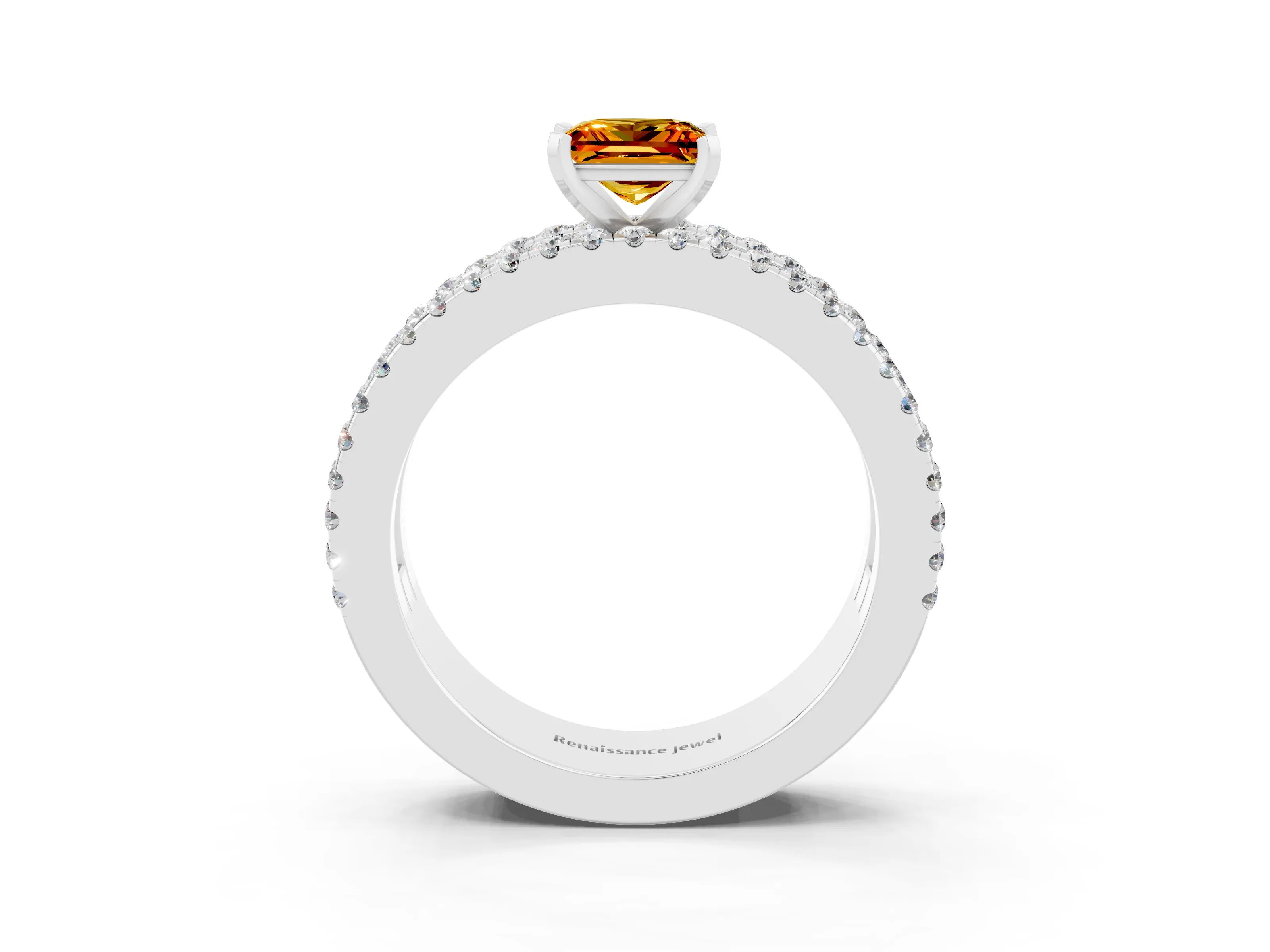 White gold Princess Cut Citrine Solitaire Ring with Pavé and Channel Set Band_3