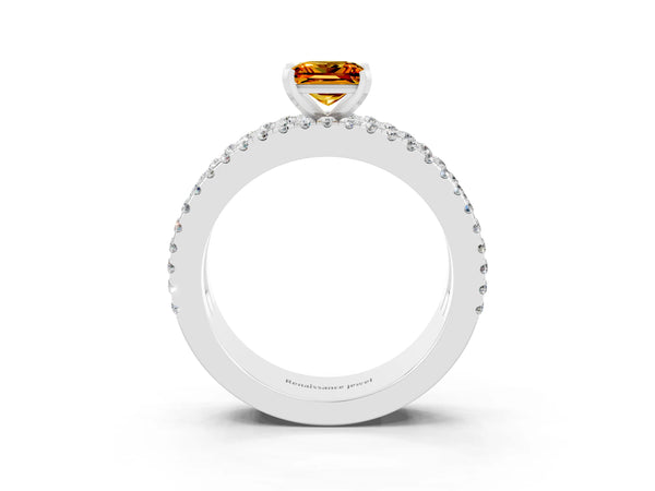 Silver Princess Cut Citrine Solitaire Ring with Pavé and Channel Set Band