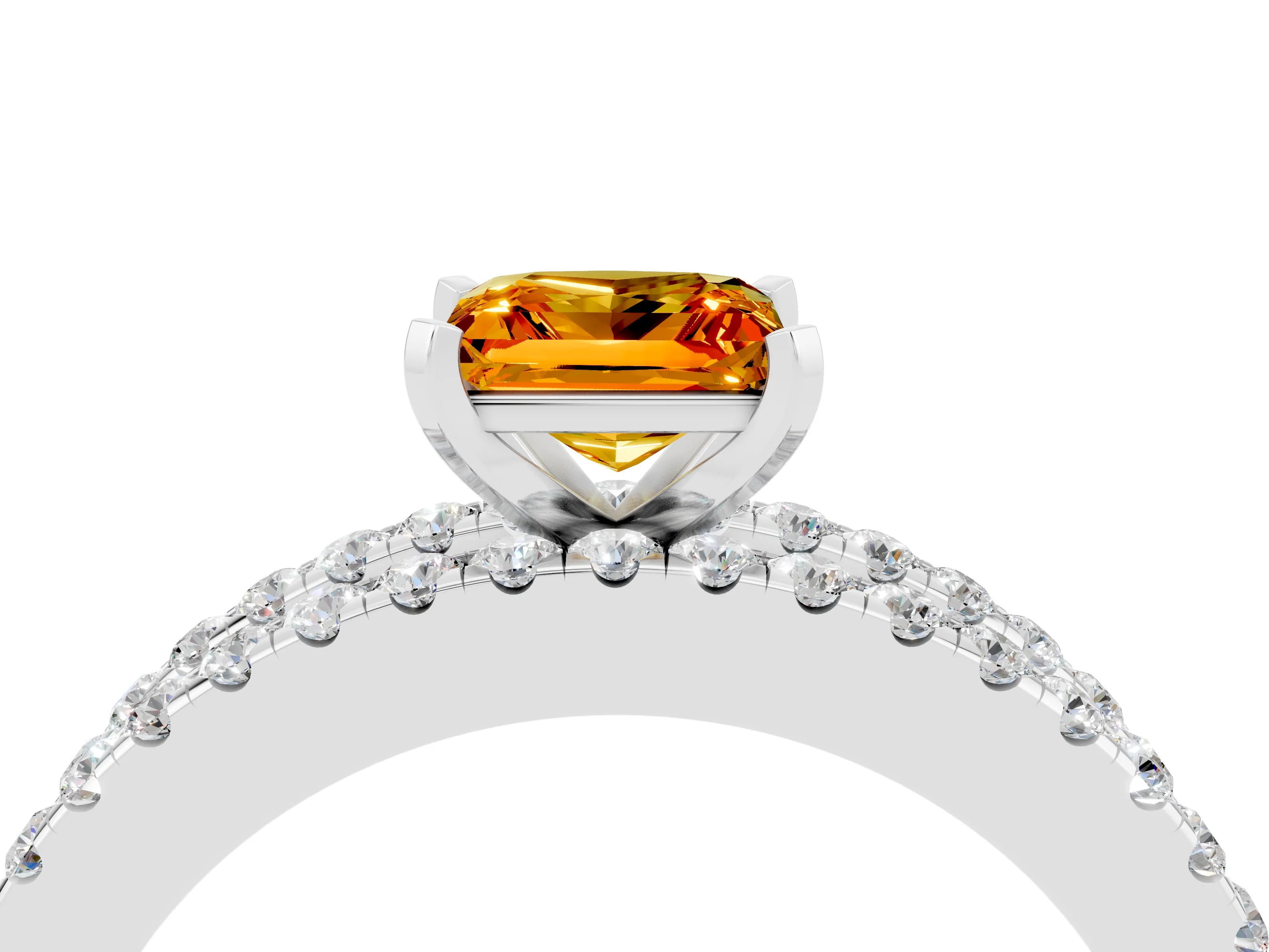 White gold Princess Cut Citrine Solitaire Ring with Pavé and Channel Set Band_4