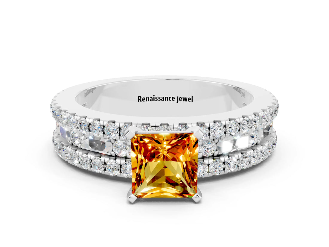 White gold Princess Cut Citrine Solitaire Ring with Pavé and Channel Set Band
