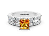 White gold Princess Cut Citrine Solitaire Ring with Pavé and Channel Set Band