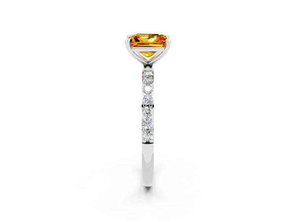 Platinum Princess Cut Citrine Solitaire Ring with Round  Pavé Band and Prong Setting