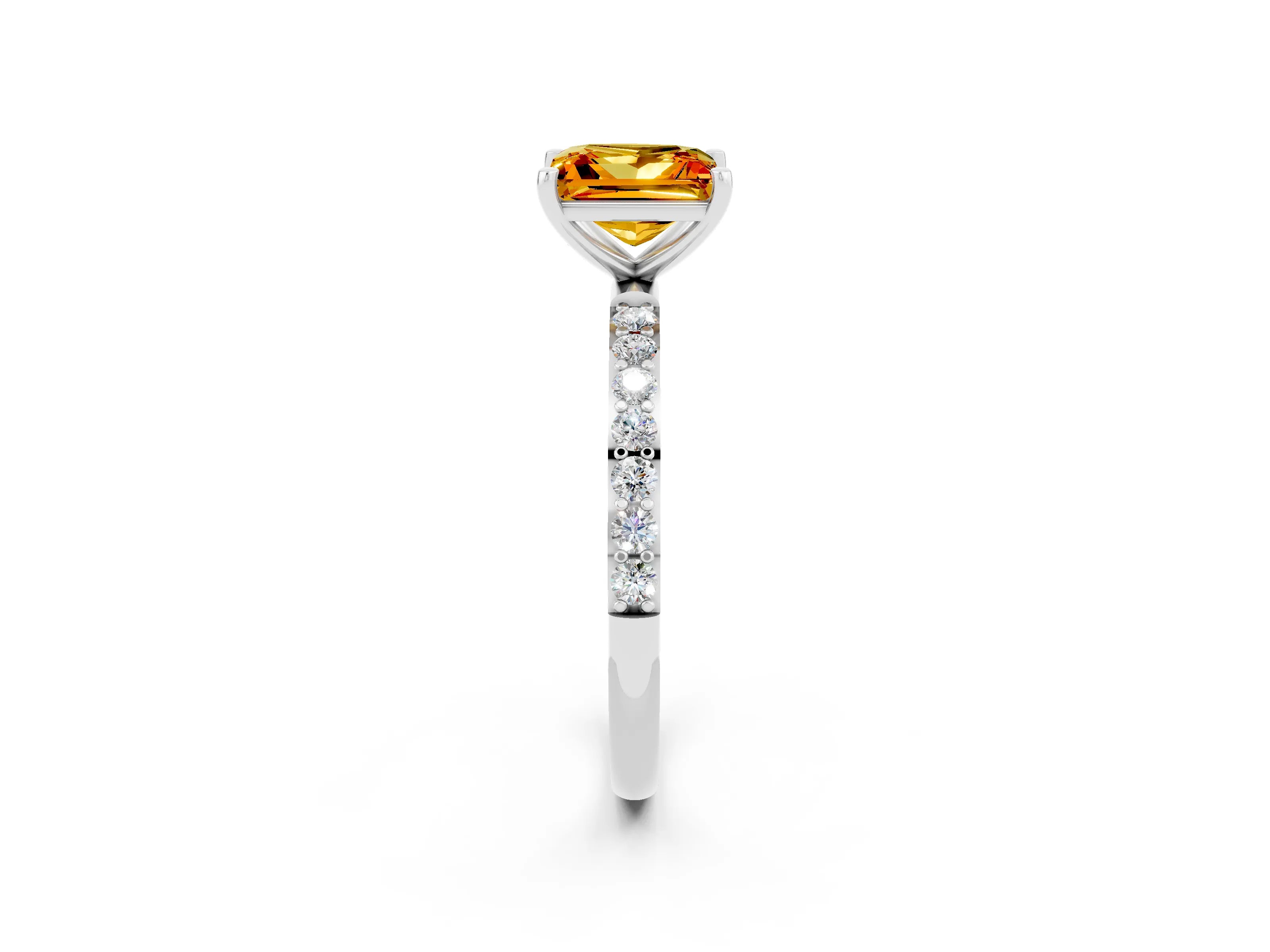 White gold Princess Cut Citrine Solitaire Ring with Pave Band and Four Prong Setting_26