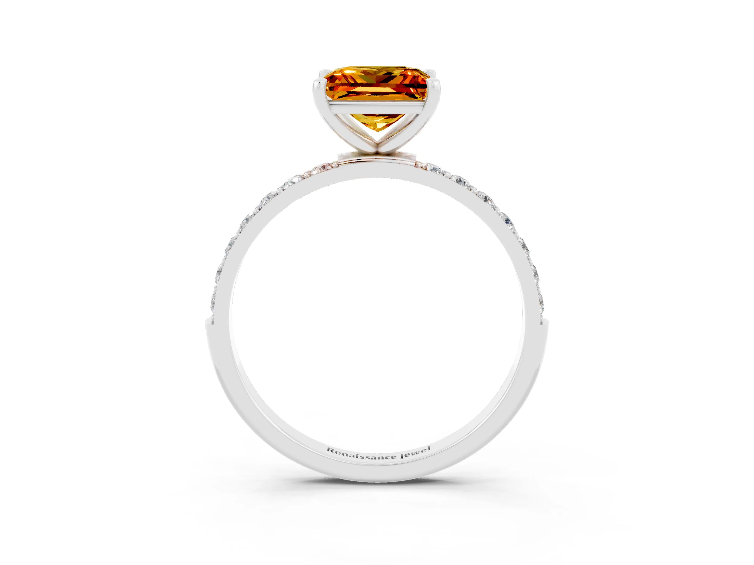 White gold Princess Cut Citrine Solitaire Ring with Pave Band and Four Prong Setting_27