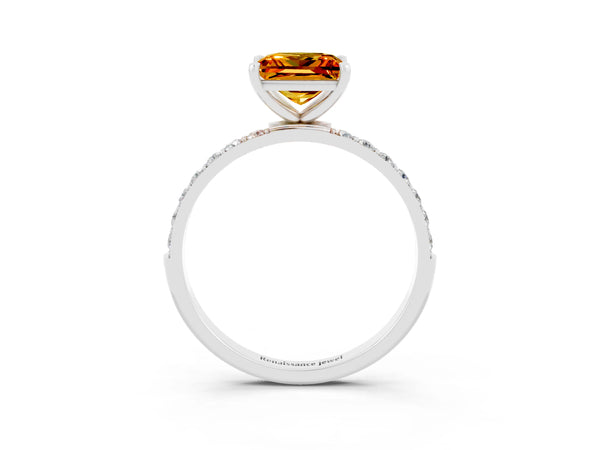 Silver Princess Cut Citrine Solitaire Ring with Round  Pavé Band and Prong Setting
