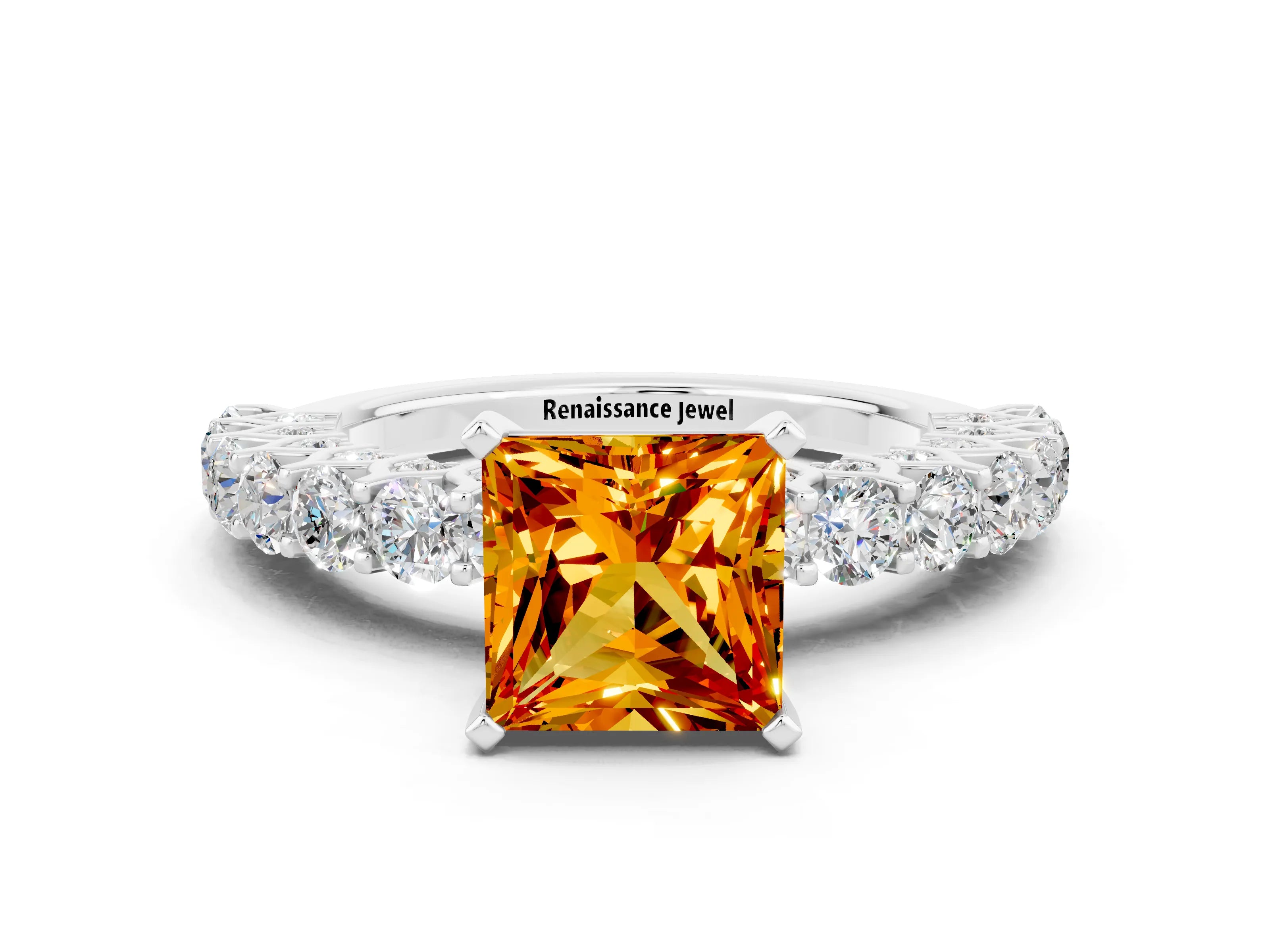 White gold Princess Cut Citrine Solitaire Ring with Shared Prong Pavé Band and Four-Prong Setting
