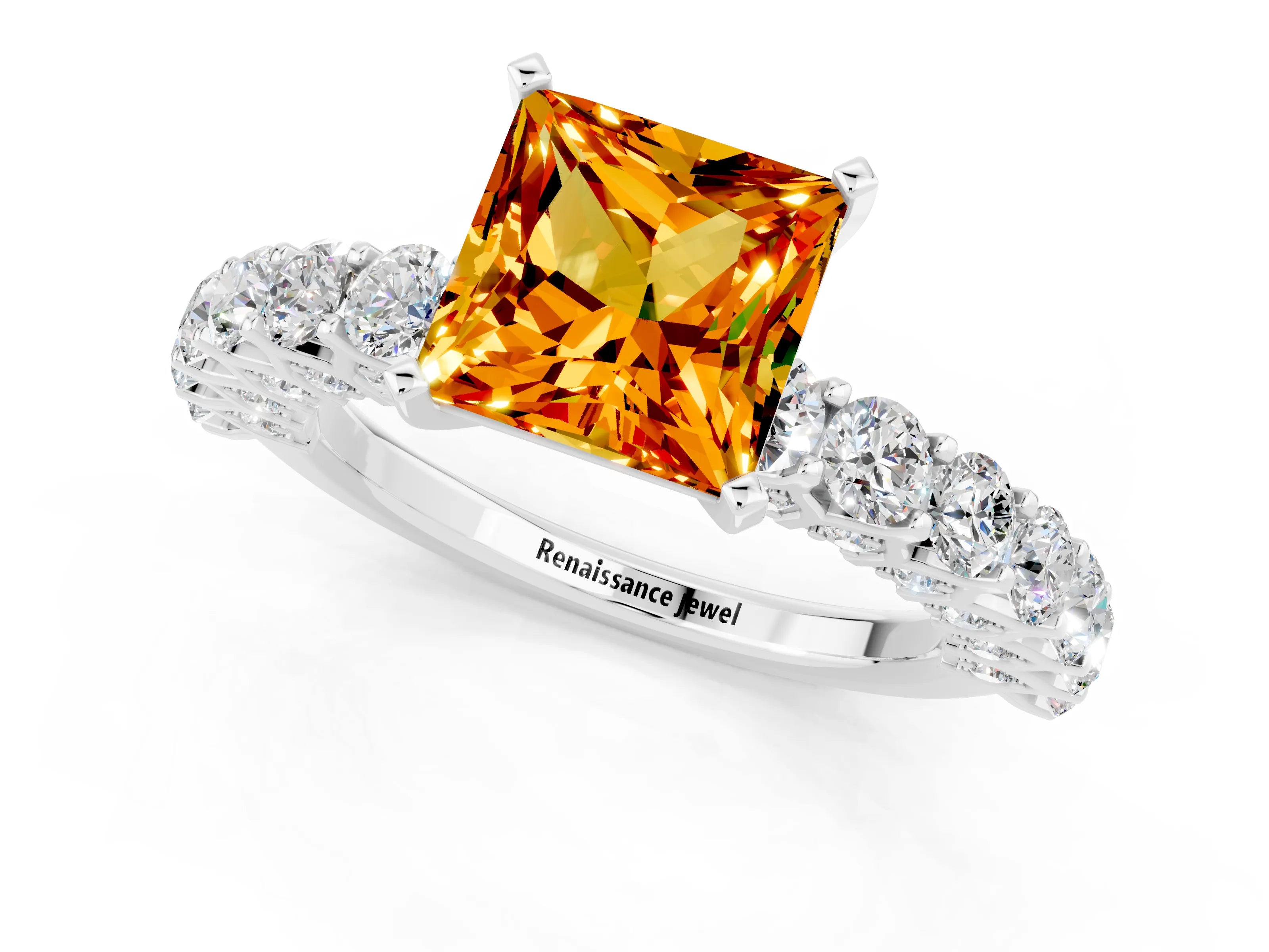 White gold Princess Cut Citrine Solitaire Ring with Shared Prong Pavé Band and Four-Prong Setting_1