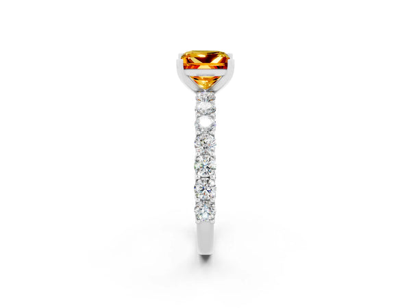 Silver Princess Cut Citrine Solitaire Ring with Shared Prong Pavé Band and Four-Prong Setting