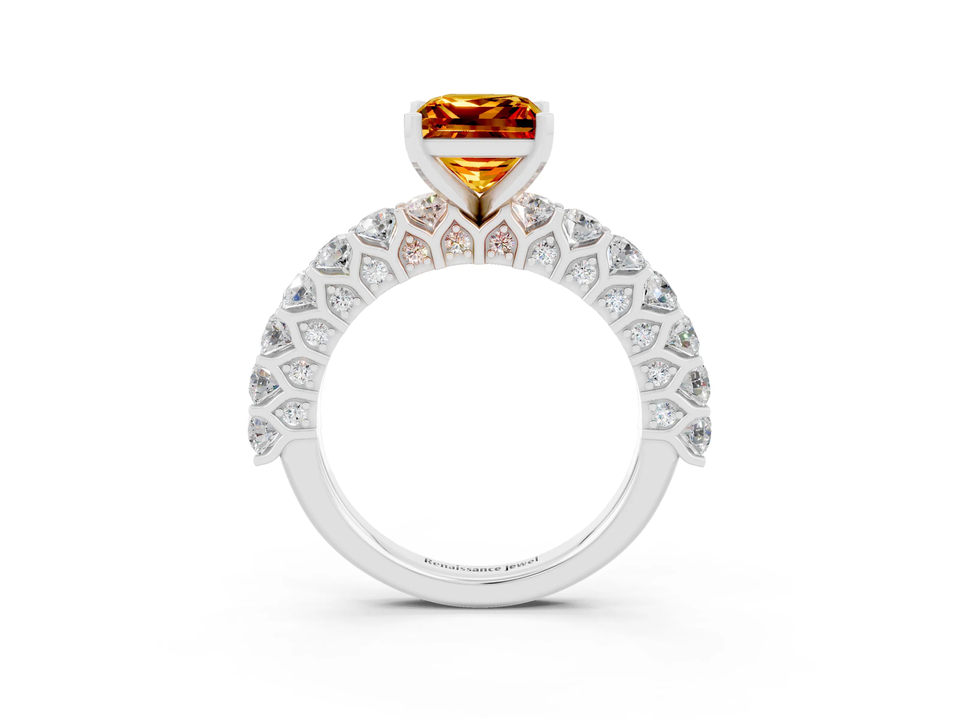 White gold Princess Cut Citrine Solitaire Ring with Shared Prong Pavé Band and Four-Prong Setting_3