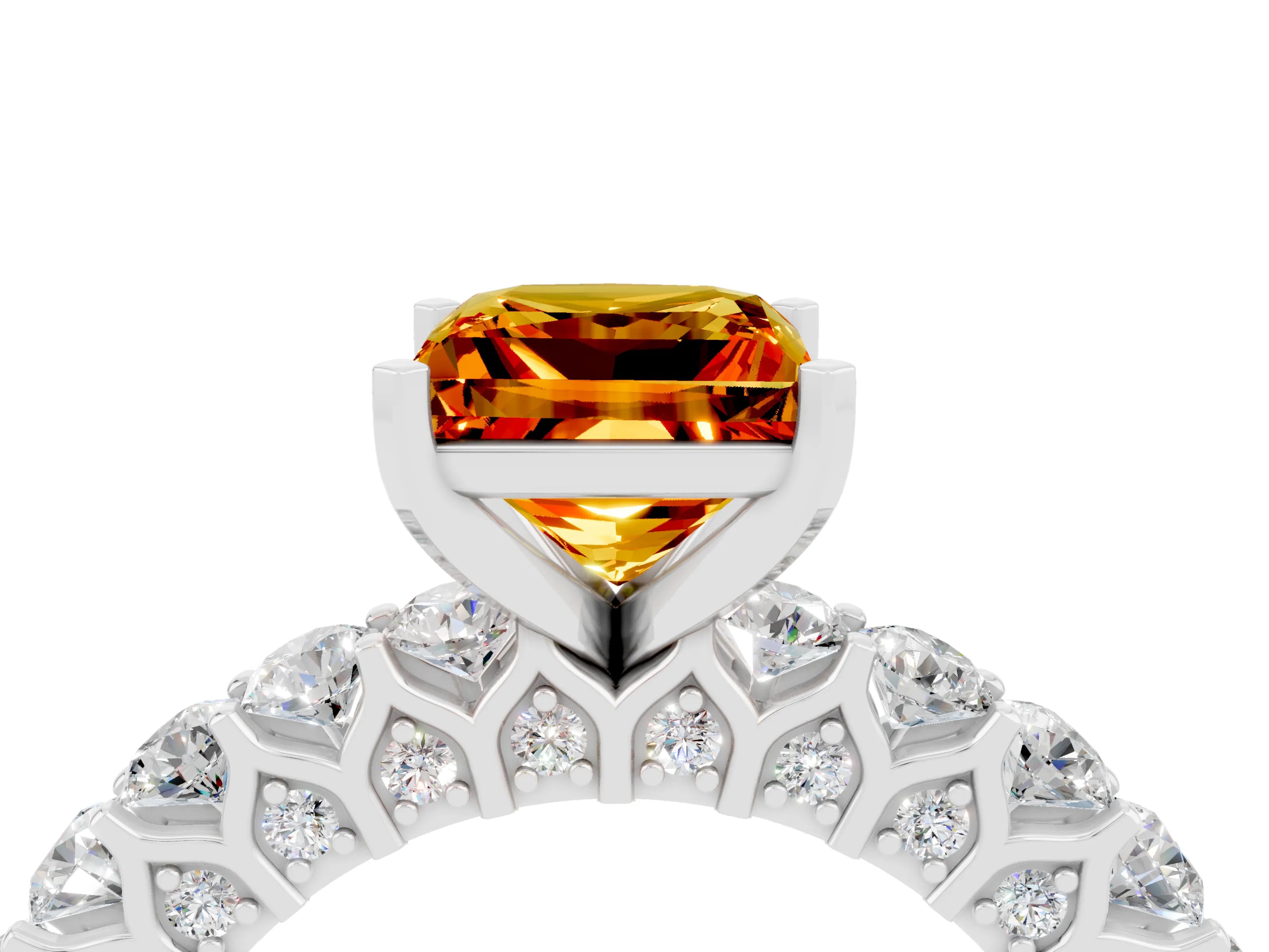 White gold Princess Cut Citrine Solitaire Ring with Shared Prong Pavé Band and Four-Prong Setting_4