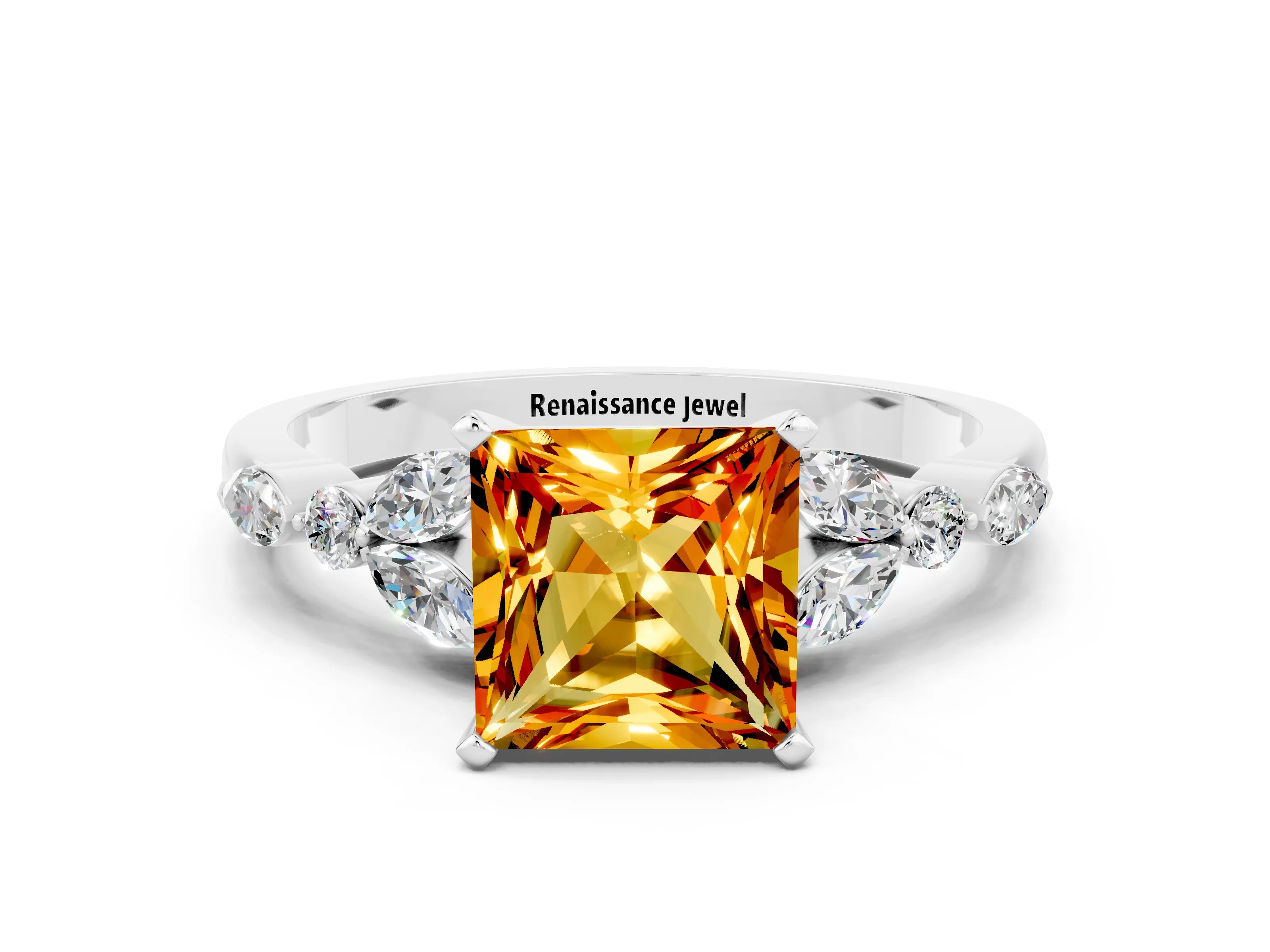 White gold Princess Cut Citrine Solitaire Ring with Side Stones and Four-Prong Setting_12