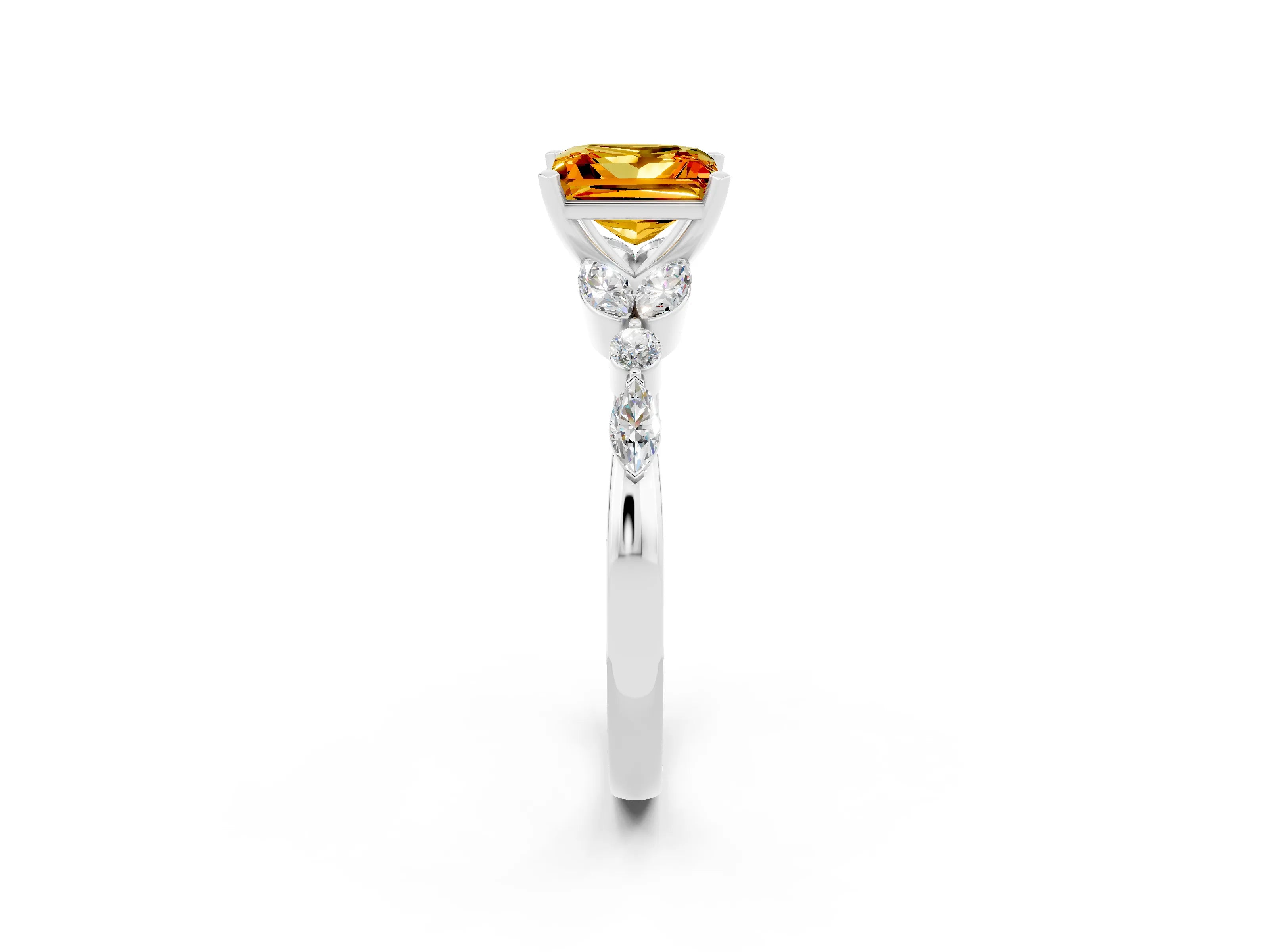 White gold Princess Cut Citrine Solitaire Ring with Side Stones and Four-Prong Setting_14