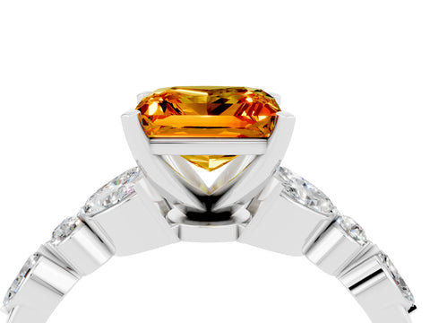 White gold Princess Cut Citrine Solitaire Ring with Side Stones and Four-Prong Setting_16