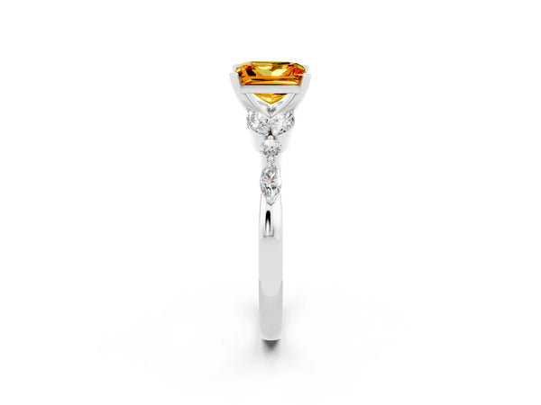 White gold Princess Cut Citrine Solitaire Ring with Side Stones and Four-Prong Setting