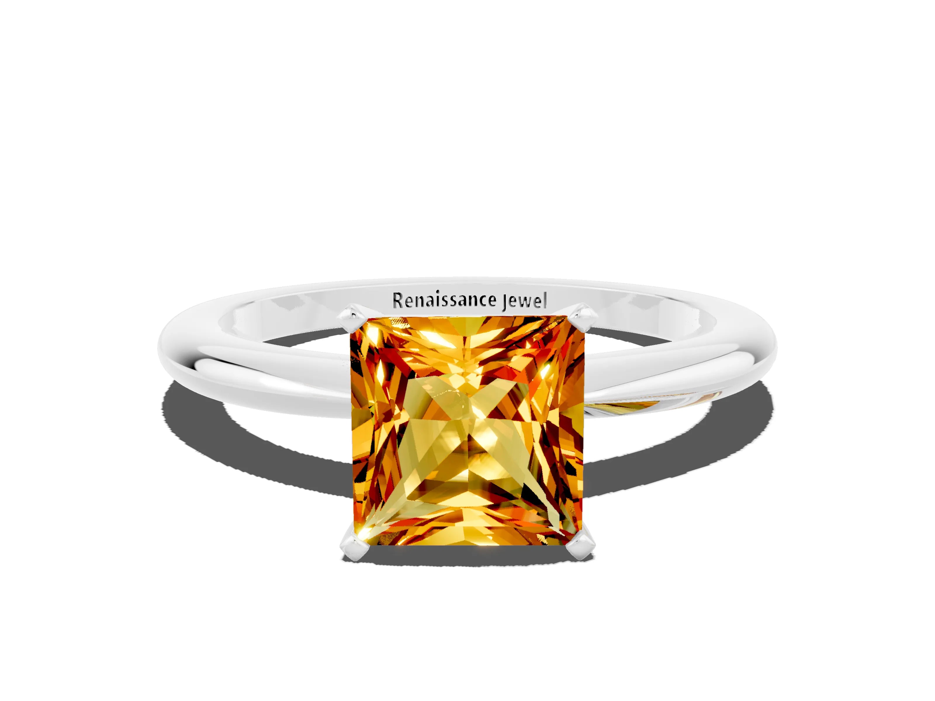 White gold Princess Cut Citrine Solitaire Ring with Six-Prong Setting and Classic Band_12