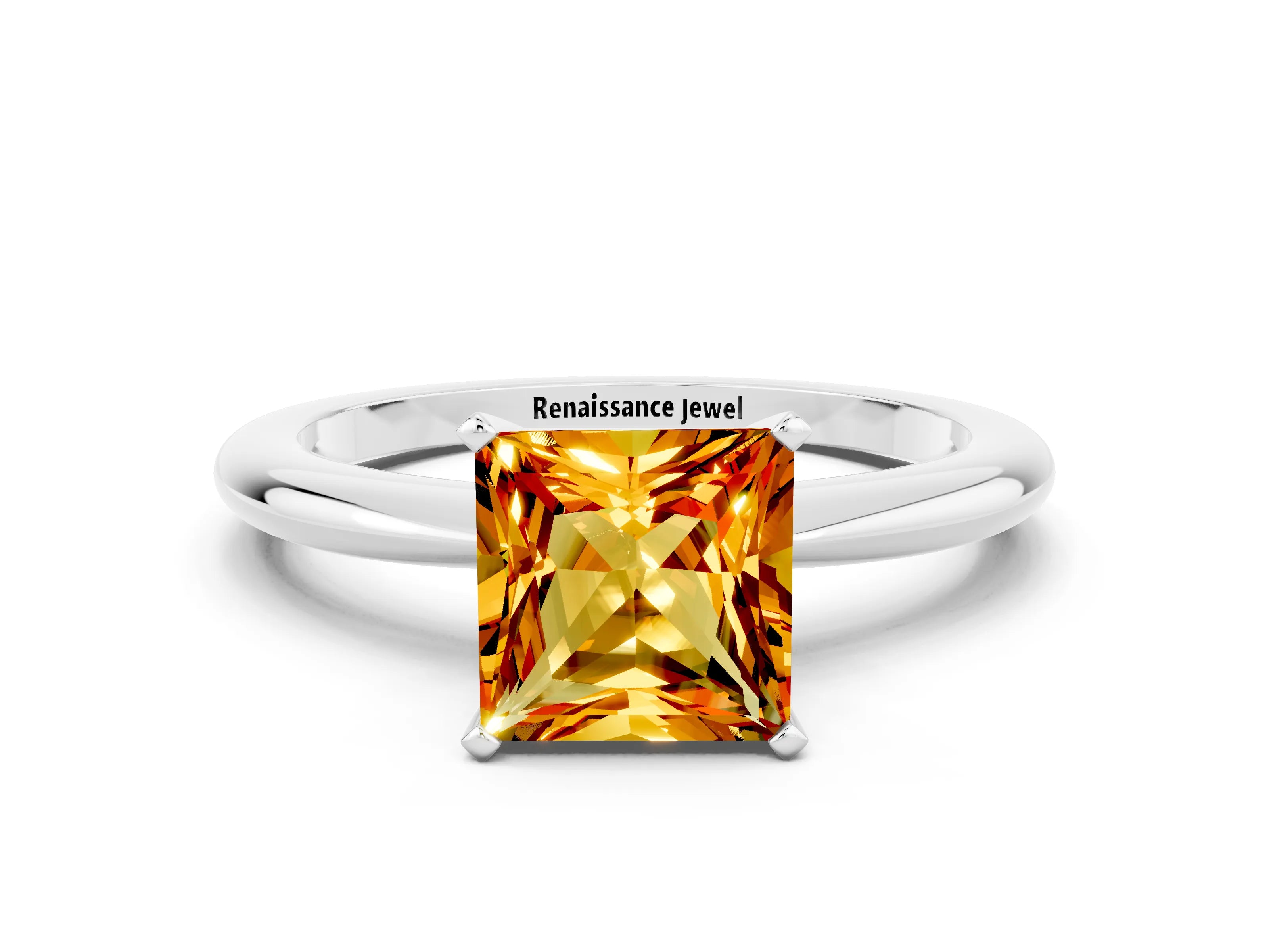 White gold Princess Cut Citrine Solitaire Ring with Six-Prong Setting and Classic Band_12