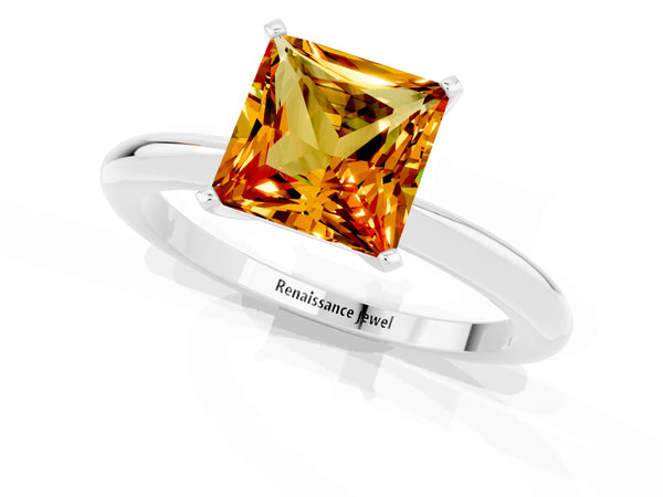 Silver Princess Cut Citrine Solitaire Ring with Six-Prong Setting and Classic Band