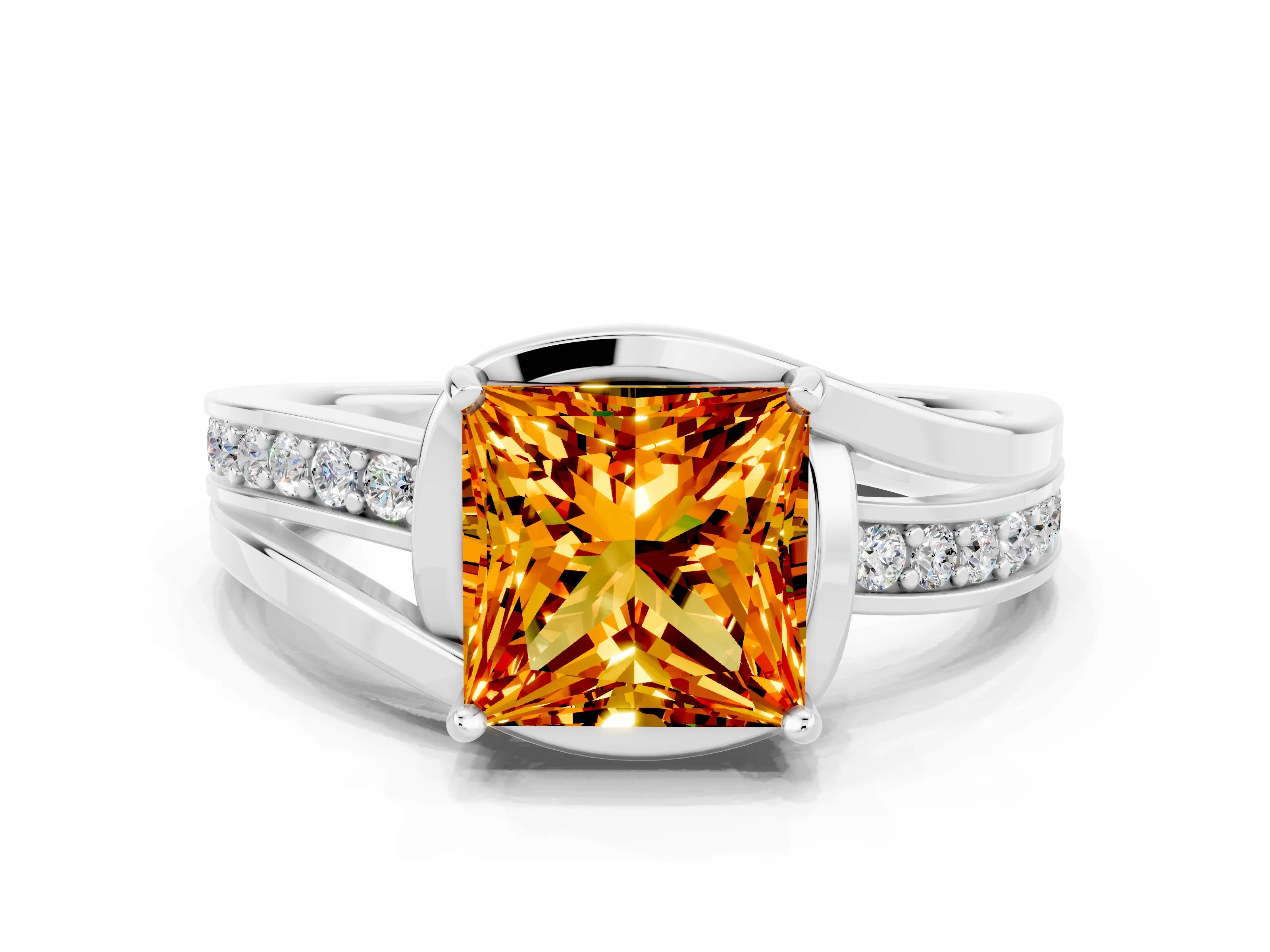 White gold Princess Cut Citrine Solitaire Ring with Split Shank and Prong Setting