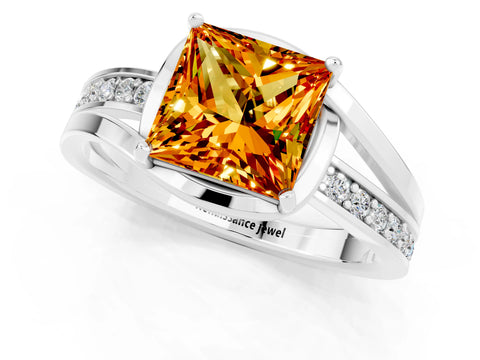 White gold Princess Cut Citrine Solitaire Ring with Split Shank and Prong Setting_1