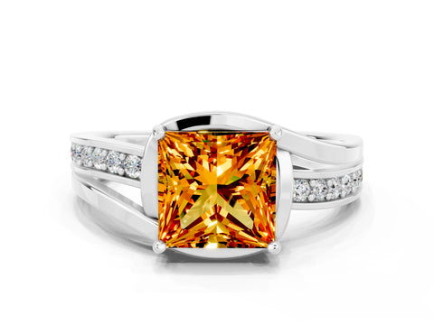 White gold Princess Cut Citrine Solitaire Ring with Split Shank and Prong Setting