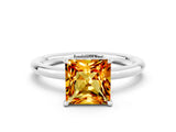 White gold Princess Cut Citrine Solitaire Ring with Thin Band and Four-Prong Setting