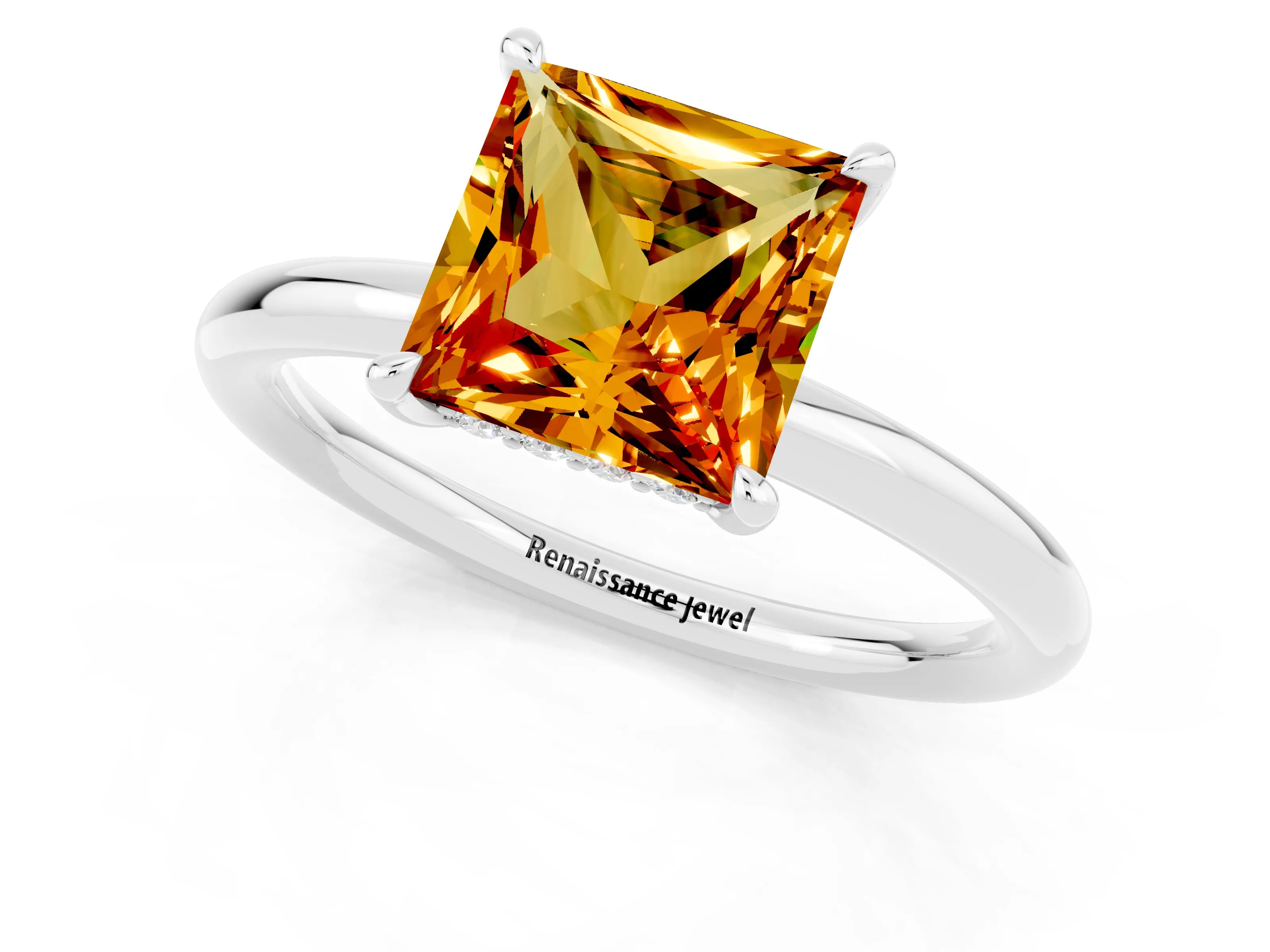White gold Princess Cut Citrine Solitaire Ring with Thin Band and Four-Prong Setting_1